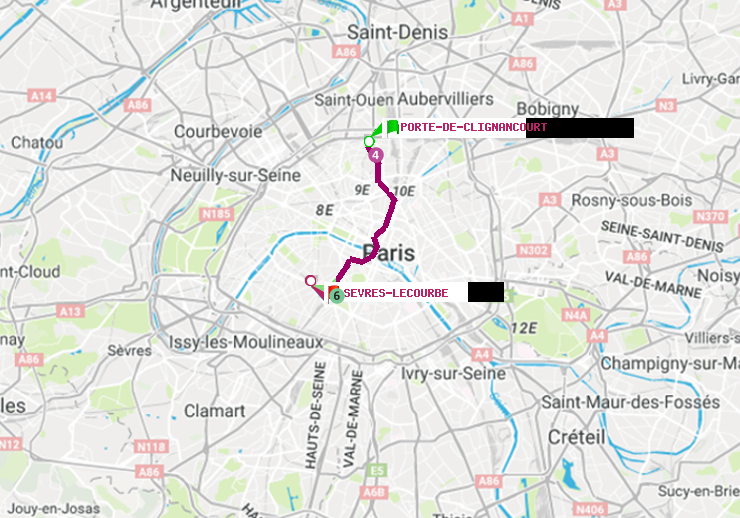 plan itinéraire ratp de Porte de Clignancourt à Sèvres-Lecourbe