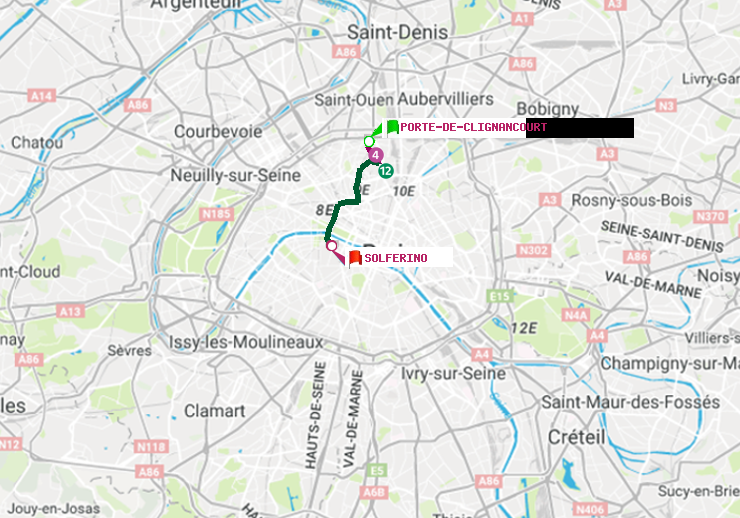 plan itinéraire ratp de Porte de Clignancourt à Solférino