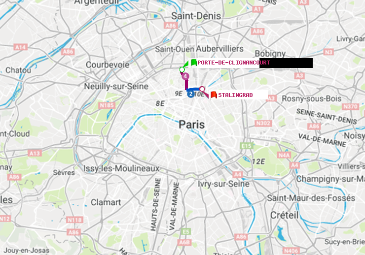 plan itinéraire ratp de Porte de Clignancourt à Stalingrad