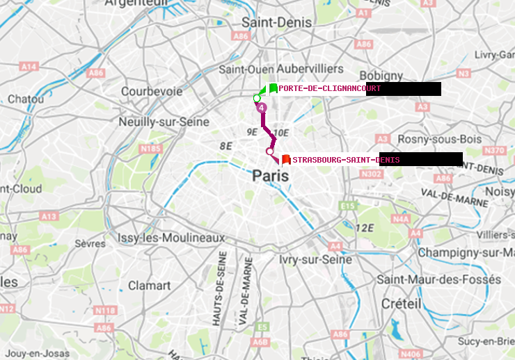 plan itinéraire ratp de Porte de Clignancourt à Strasbourg-Saint-Denis