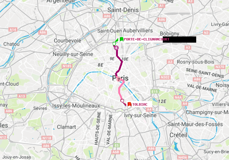 plan itinéraire ratp de Porte de Clignancourt à Tolbiac