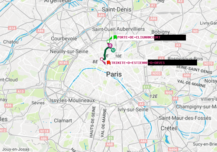 plan itinéraire ratp de Porte de Clignancourt à Trinité-d