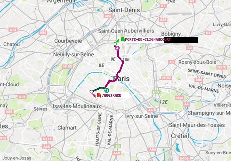 plan itinéraire ratp de Porte de Clignancourt à Vaugirard (Adolphe Chérioux)