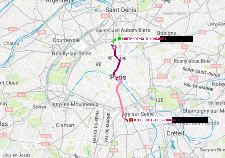 plan itinéraire ratp de Porte de Clignancourt à Villejuif-Léo Lagrange