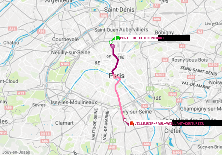 plan itinéraire ratp de Porte de Clignancourt à Villejuif-Paul Vaillant Couturier (Hôpital Paul Brousse)