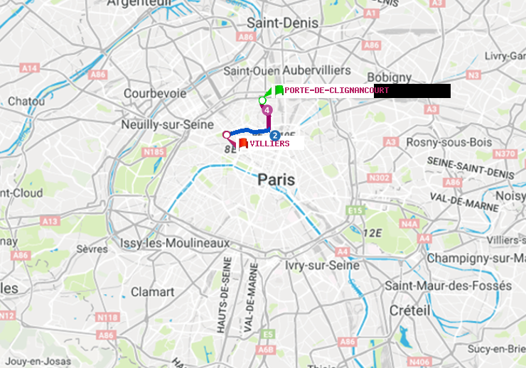 plan itinéraire ratp de Porte de Clignancourt à Villiers