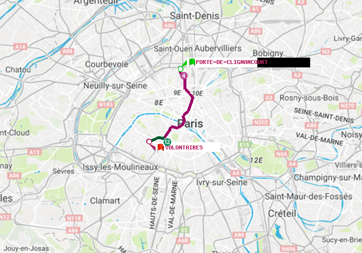 plan itinéraire ratp de Porte de Clignancourt à Volontaires