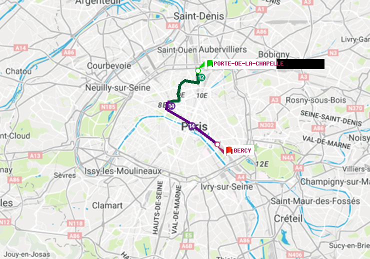 plan itinéraire ratp de Porte de la Chapelle à Bercy