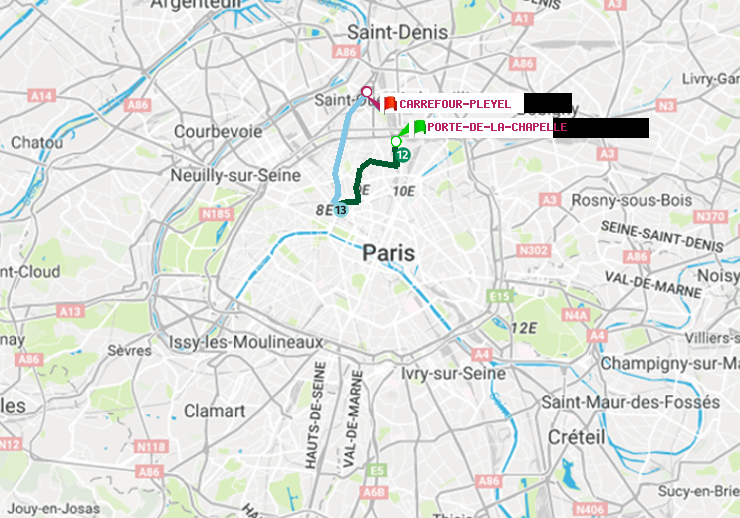 plan itinéraire ratp de Porte de la Chapelle à Carrefour-Pleyel