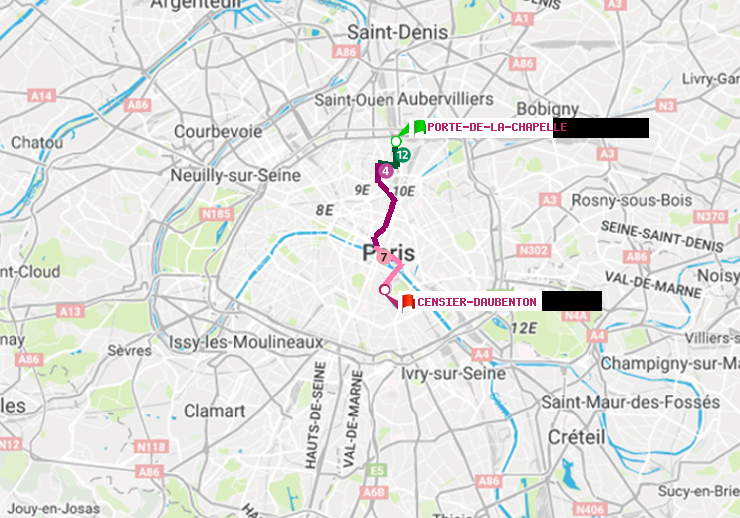 plan itinéraire ratp de Porte de la Chapelle à Censier-Daubenton