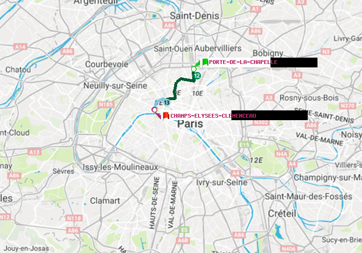 plan itinéraire ratp de Porte de la Chapelle à Champs-Elysées-Clémenceau