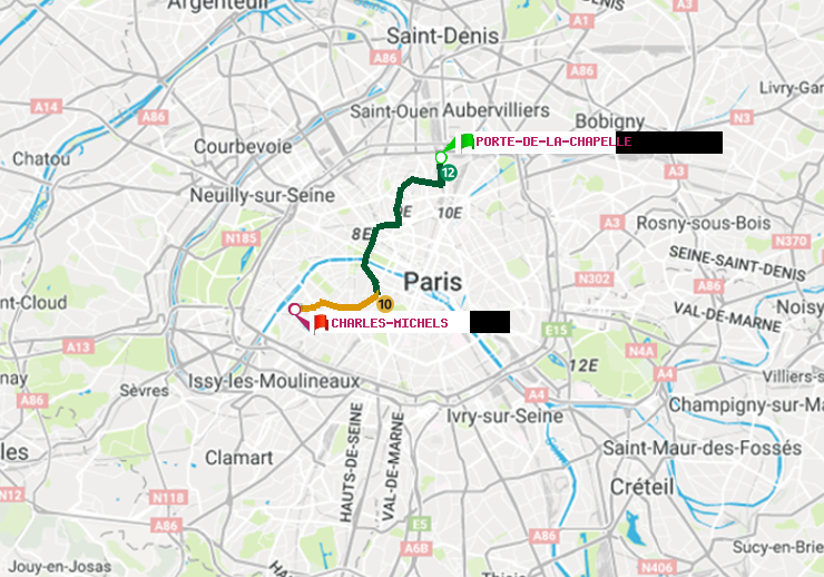plan itinéraire ratp de Porte de la Chapelle à Charles Michels