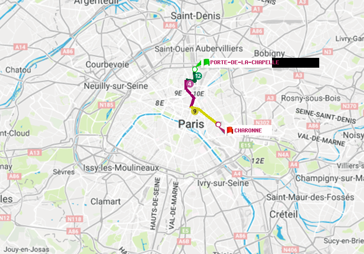 plan itinéraire ratp de Porte de la Chapelle à Charonne
