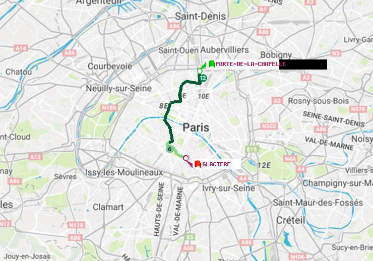 plan itinéraire ratp de Porte de la Chapelle à Glacière