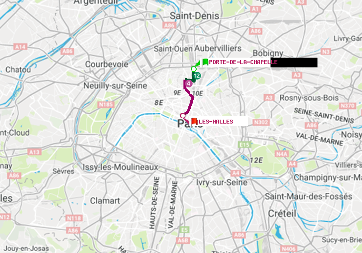 plan itinéraire ratp de Porte de la Chapelle à Les Halles