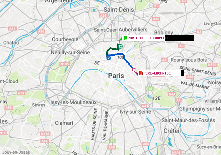 plan itinéraire ratp de Porte de la Chapelle à Père-Lachaise