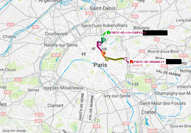plan itinéraire ratp de Porte de la Chapelle à Porte de Bagnolet
