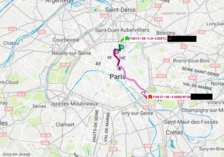 plan itinéraire ratp de Porte de la Chapelle à Porte de Charenton