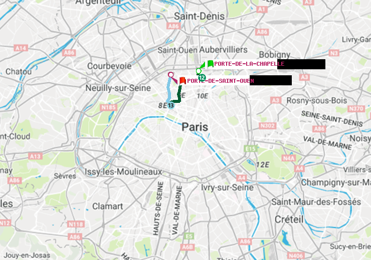 plan itinéraire ratp de Porte de la Chapelle à Porte de Saint-Ouen