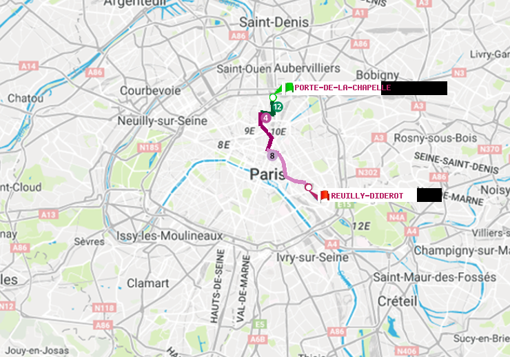plan itinéraire ratp de Porte de la Chapelle à Reuilly-Diderot