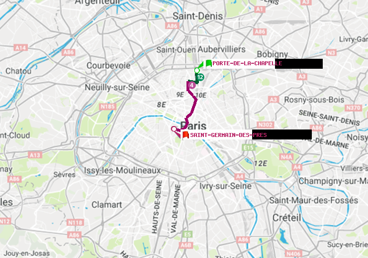 plan itinéraire ratp de Porte de la Chapelle à Saint-Germain des Prés