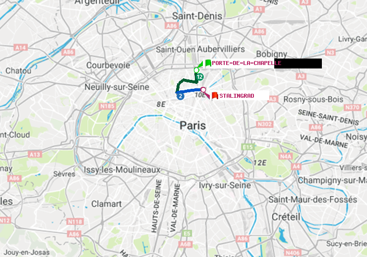 plan itinéraire ratp de Porte de la Chapelle à Stalingrad