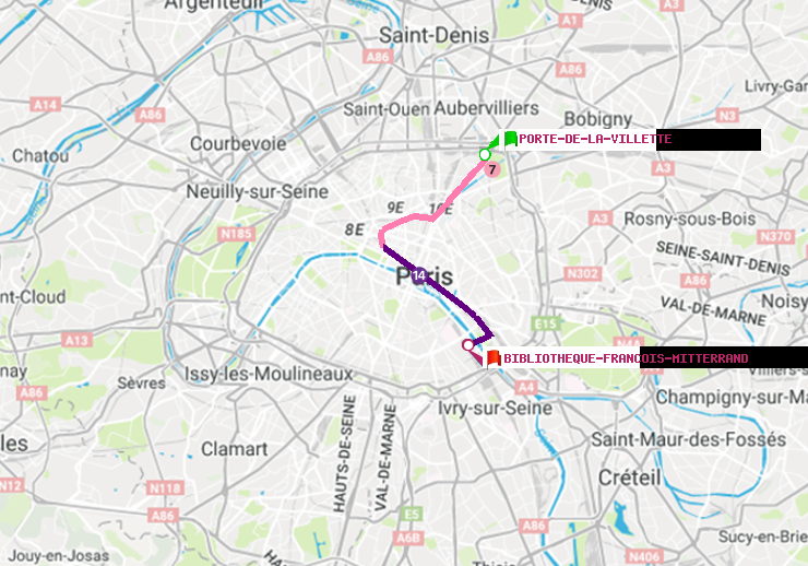 plan itinéraire ratp de Porte de la Villette à Bibliotheque-Francois Mitterrand