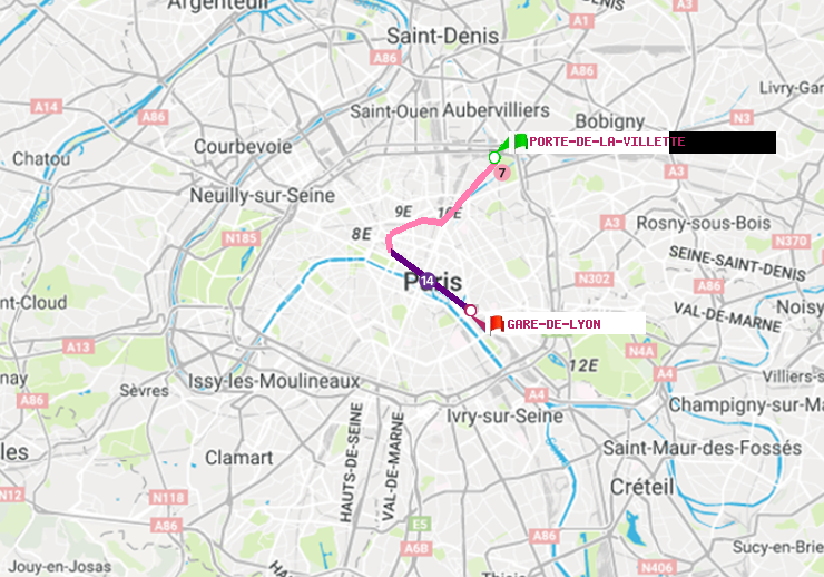 plan itinéraire ratp de Porte de la Villette à Gare de Lyon