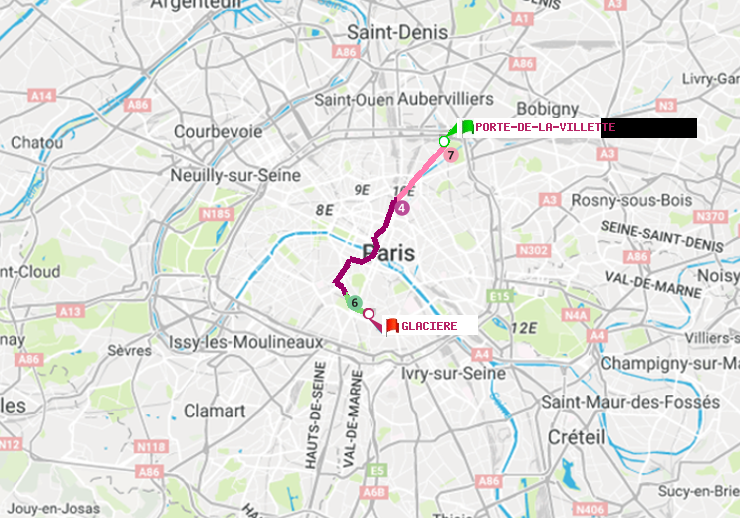plan itinéraire ratp de Porte de la Villette à Glacière