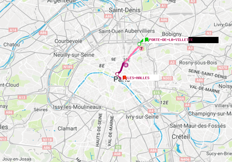 plan itinéraire ratp de Porte de la Villette à Les Halles