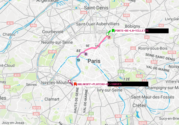 plan itinéraire ratp de Porte de la Villette à Malakoff-Plateau de Vanves