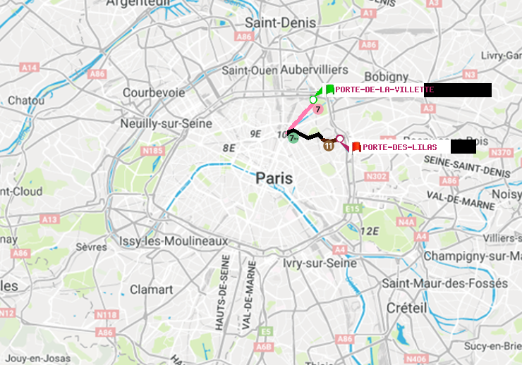 plan itinéraire ratp de Porte de la Villette à Porte des Lilas