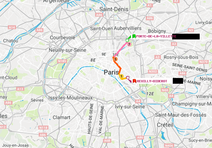 plan itinéraire ratp de Porte de la Villette à Reuilly-Diderot