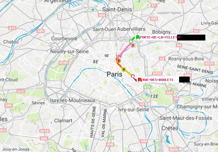 plan itinéraire ratp de Porte de la Villette à Rue des Boulets