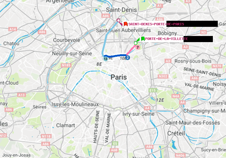 plan itinéraire ratp de Porte de la Villette à Saint-Denis-Porte de Paris