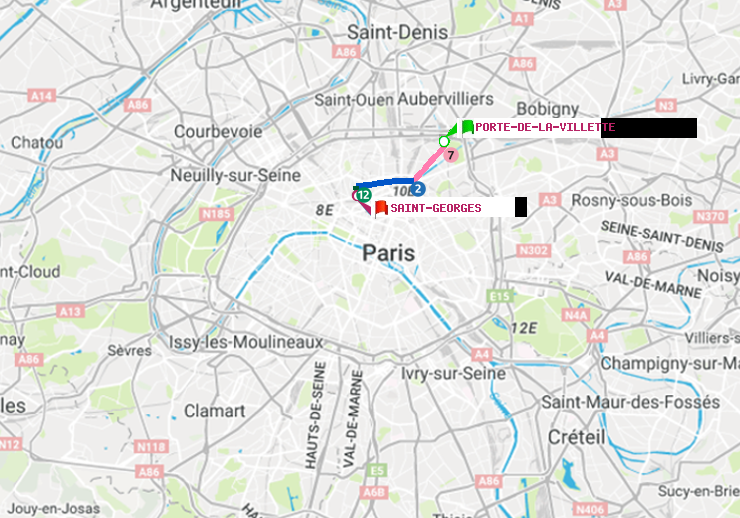 plan itinéraire ratp de Porte de la Villette à Saint-Georges