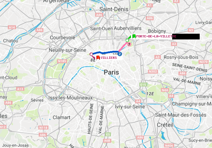 plan itinéraire ratp de Porte de la Villette à Villiers