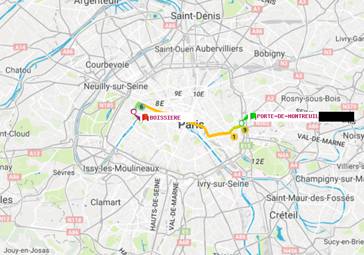 plan itinéraire ratp de Porte de Montreuil à Boissière