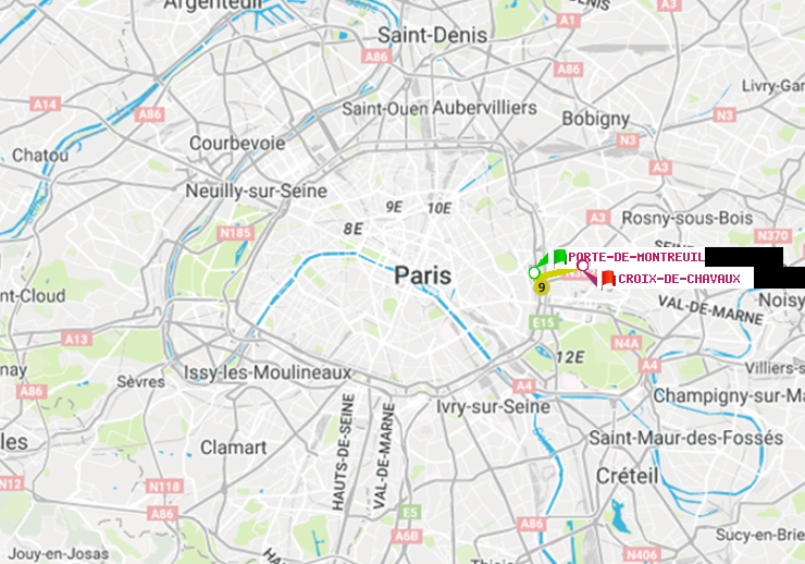 plan itinéraire ratp de Porte de Montreuil à Croix-de-Chavaux (Jacques Duclos)