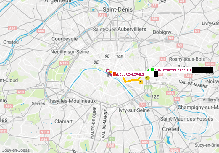 plan itinéraire ratp de Porte de Montreuil à Louvre-Rivoli
