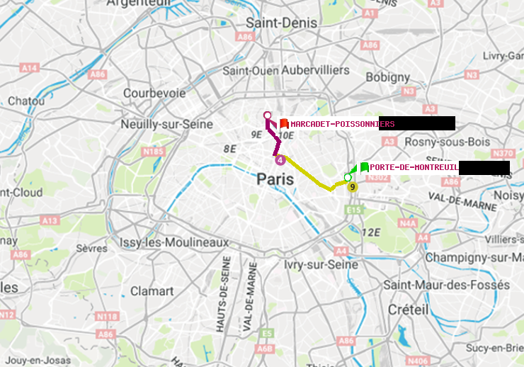 plan itinéraire ratp de Porte de Montreuil à Marcadet-Poissonniers