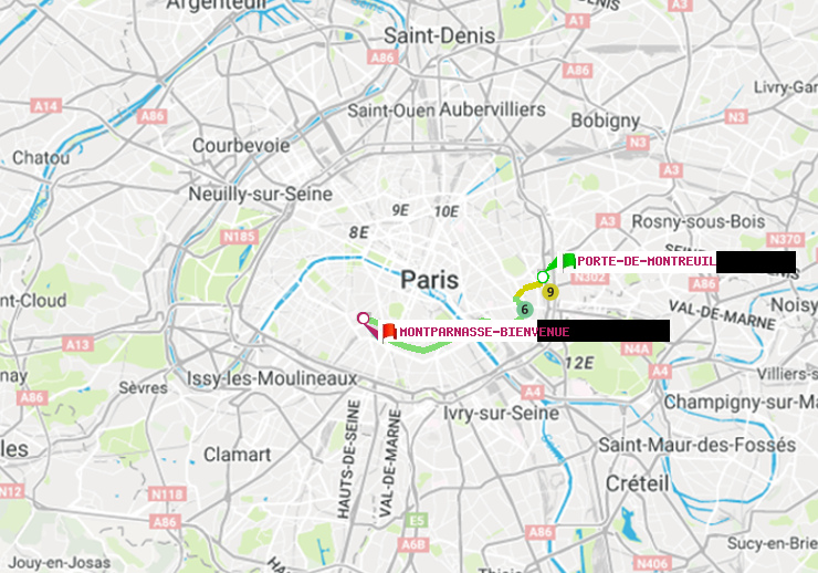 plan itinéraire ratp de Porte de Montreuil à Montparnasse-Bienvenue
