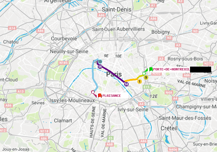 plan itinéraire ratp de Porte de Montreuil à Plaisance