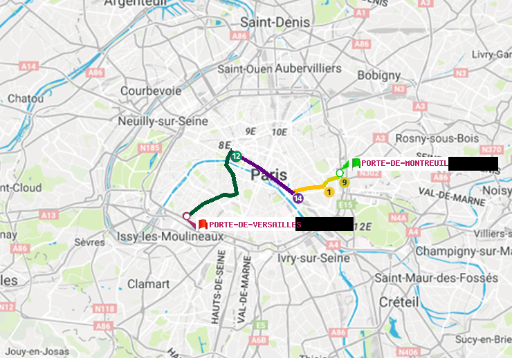 plan itinéraire ratp de Porte de Montreuil à Porte de Versailles