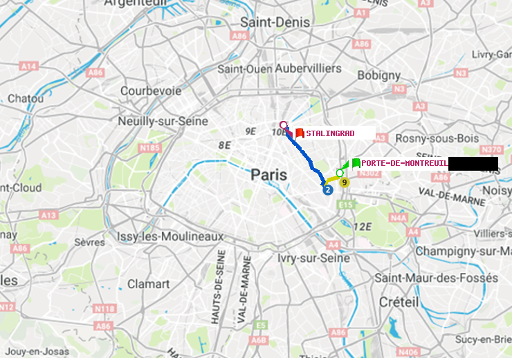 plan itinéraire ratp de Porte de Montreuil à Stalingrad