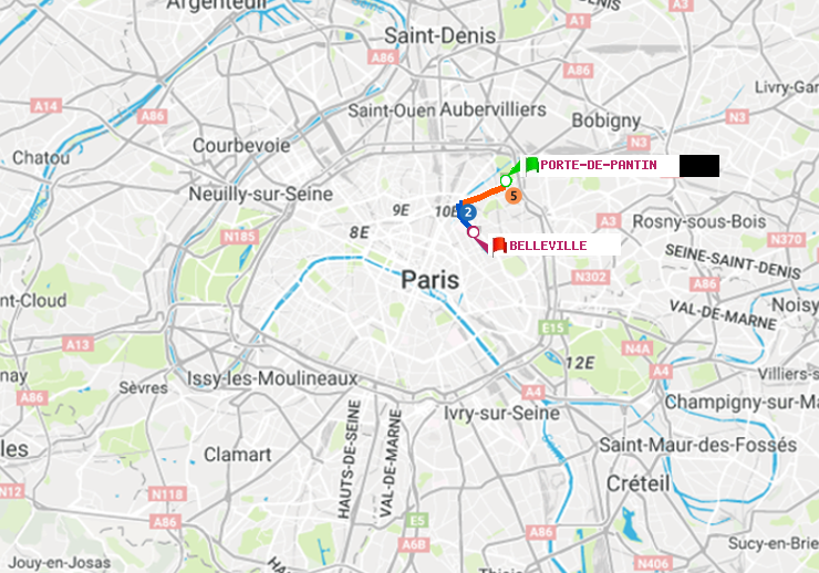 plan itinéraire ratp de Porte de Pantin à Belleville