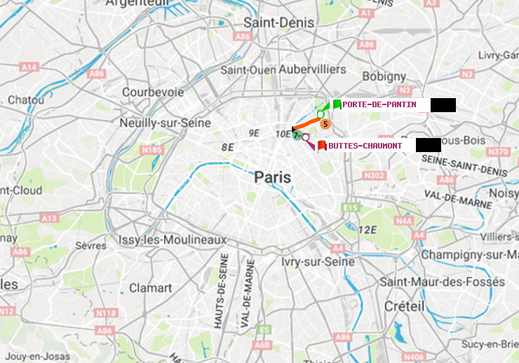 plan itinéraire ratp de Porte de Pantin à Buttes-Chaumont