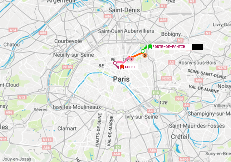 plan itinéraire ratp de Porte de Pantin à Cadet