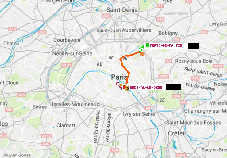 plan itinéraire ratp de Porte de Pantin à Cardinal-Lemoine