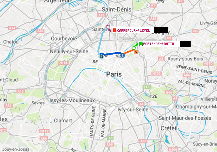 plan itinéraire ratp de Porte de Pantin à Carrefour-Pleyel